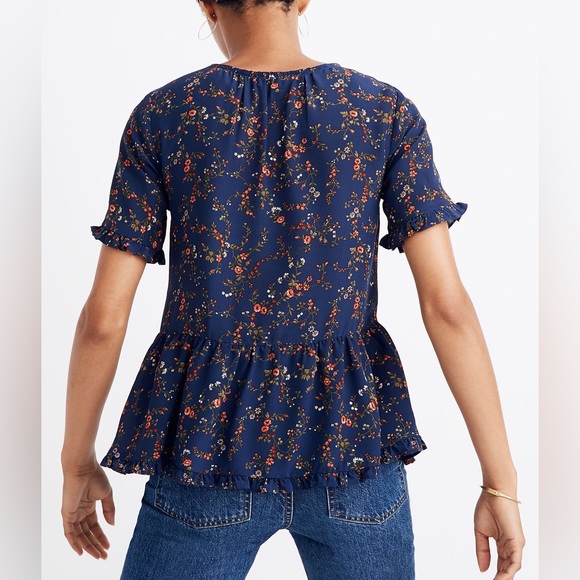 Madewell 100% Silk Stanza Ruffle-Hem Top Blouse XXS in Moonless Floral Navy - Picture 3 of 11